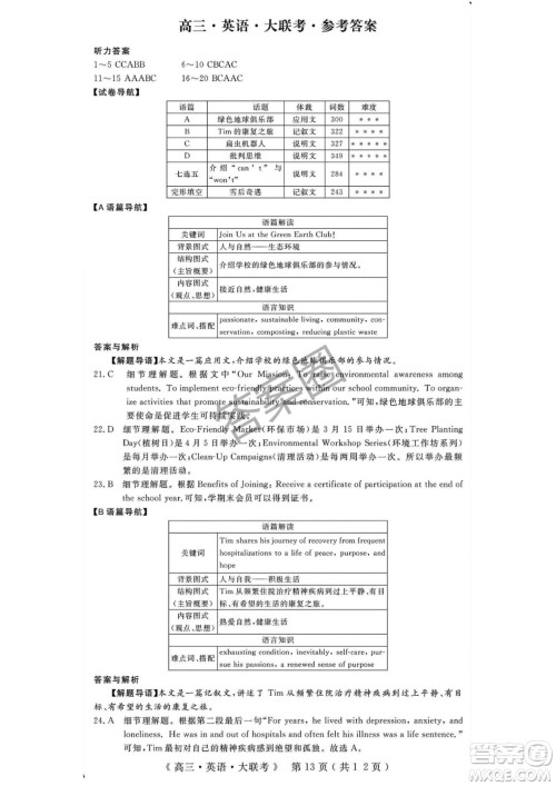 2025届H20高中联盟4月高三联考英语试卷答案 2025届H20高中联盟4月高三联考英语试卷答案