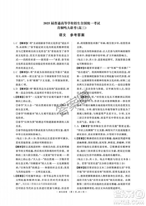 2025年4月青桐鸣大联考高三语文试卷答案