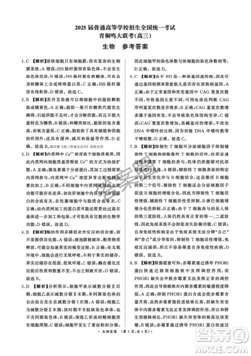 2025年4月青桐鸣大联考高三生物试卷答案 2025年4月青桐鸣大联考高三生物试卷答案