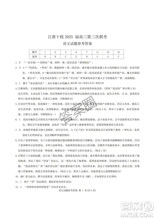 江淮十校2025届高三第三次联考语文试卷答案 江淮十校2025届高三第三次联考语文试卷答案