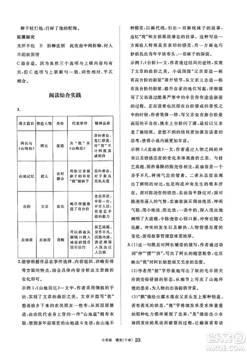 宁夏人民教育出版社2025年春学习之友七年级语文下册通用版答案