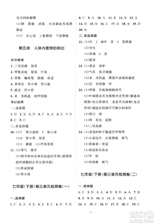 宁夏人民教育出版社2025年春学习之友七年级生物下册人教版答案