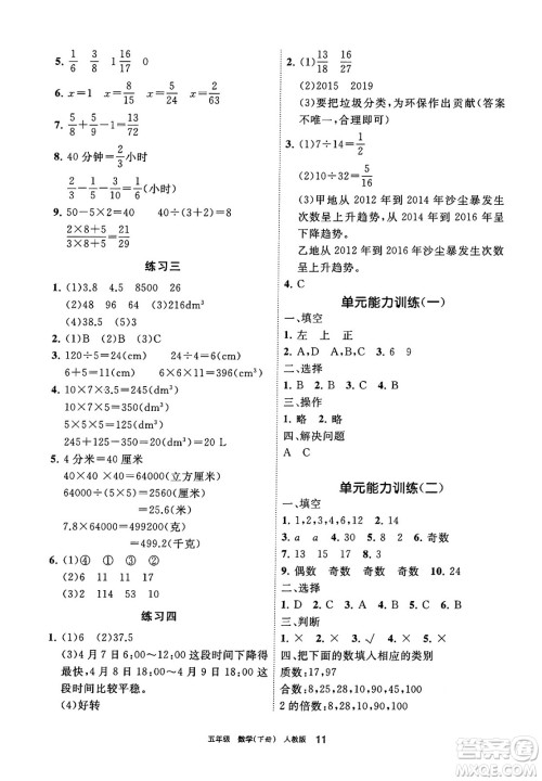 宁夏人民教育出版社2025年春学习之友五年级数学下册人教版答案