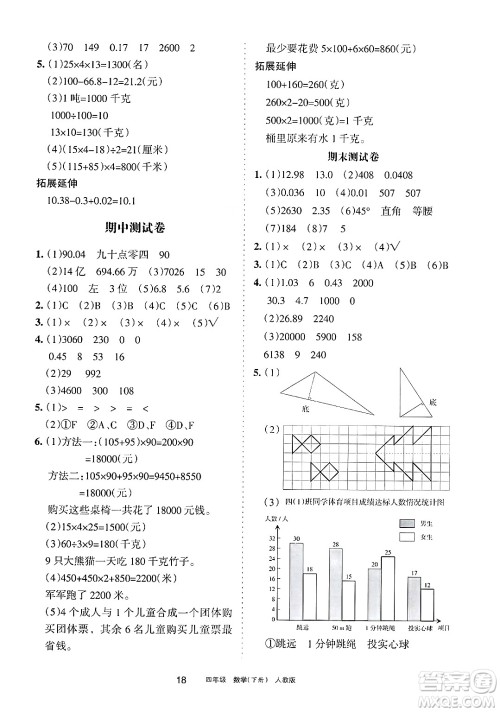 宁夏人民教育出版社2025年春学习之友四年级数学下册人教版答案