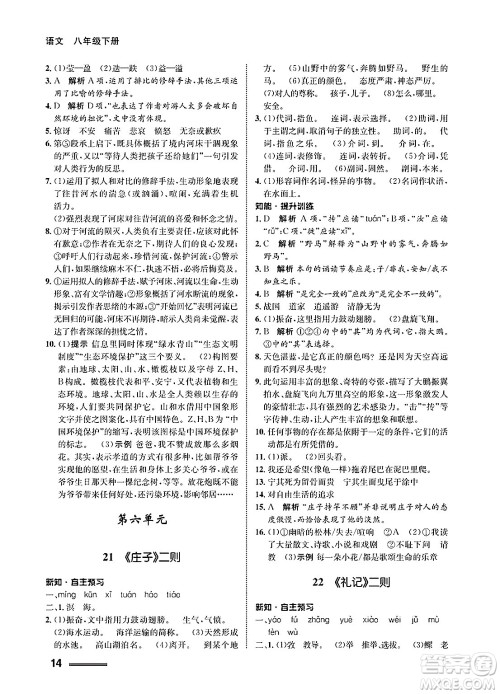 甘肃教育出版社2025年春配套综合练习八年级语文下册通用版答案