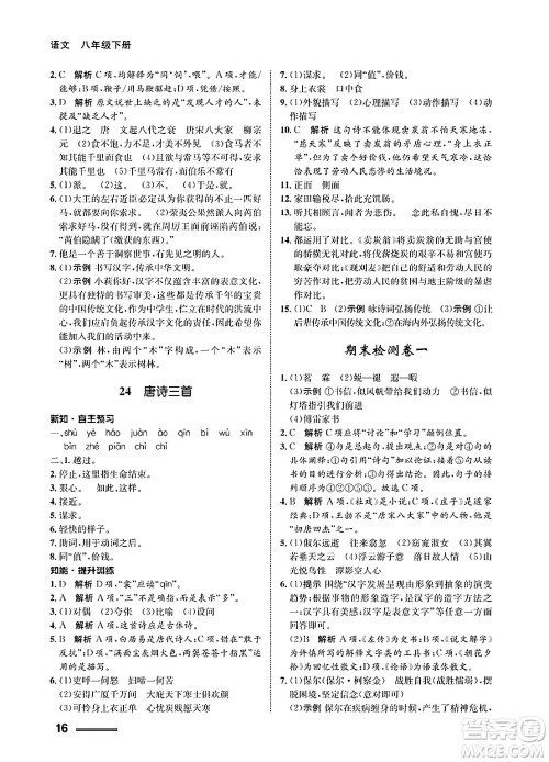 甘肃教育出版社2025年春配套综合练习八年级语文下册通用版答案