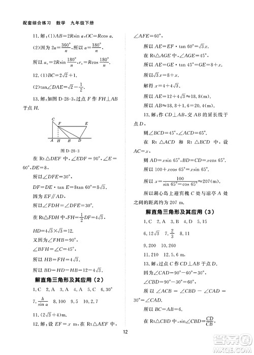 北京师范大学出版社2025年春配套综合练习九年级数学下册人教版答案