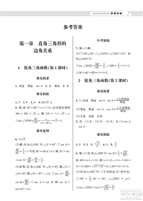 北京师范大学出版社2025年春配套综合练习九年级数学下册北师大版答案