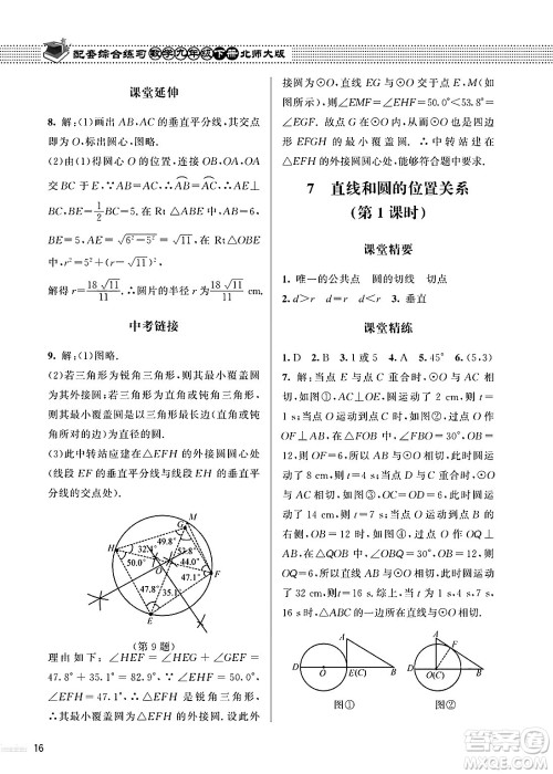 北京师范大学出版社2025年春配套综合练习九年级数学下册北师大版答案