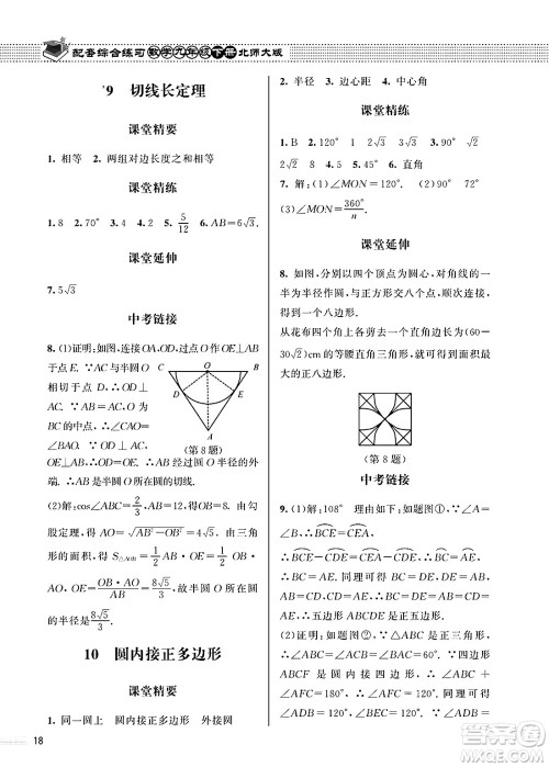 北京师范大学出版社2025年春配套综合练习九年级数学下册北师大版答案