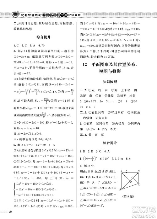 北京师范大学出版社2025年春配套综合练习九年级数学下册北师大版答案