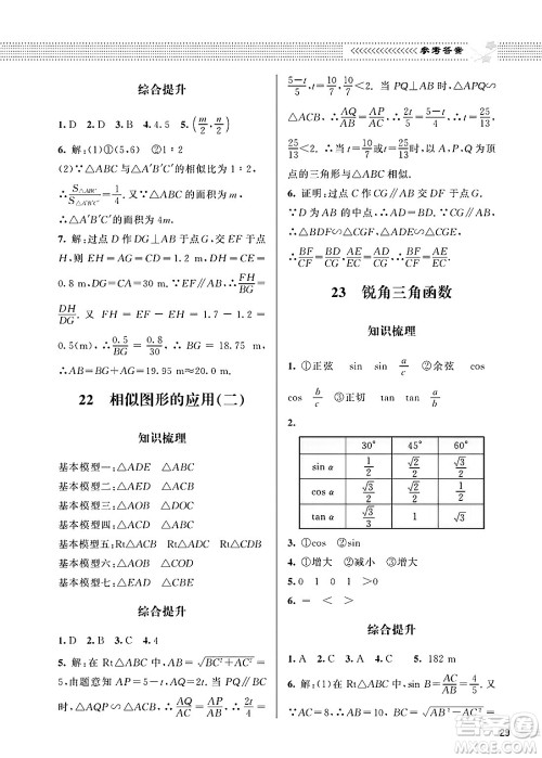 北京师范大学出版社2025年春配套综合练习九年级数学下册北师大版答案