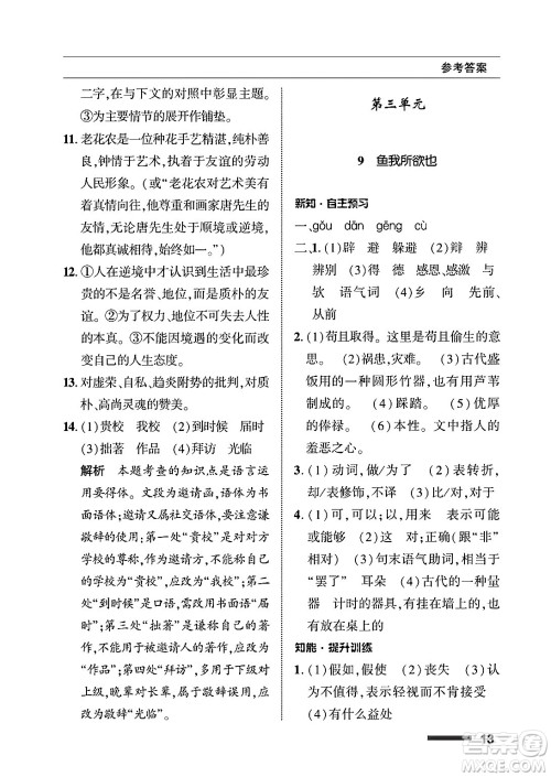 北京师范大学出版社2025年春配套综合练习九年级语文下册通用版答案