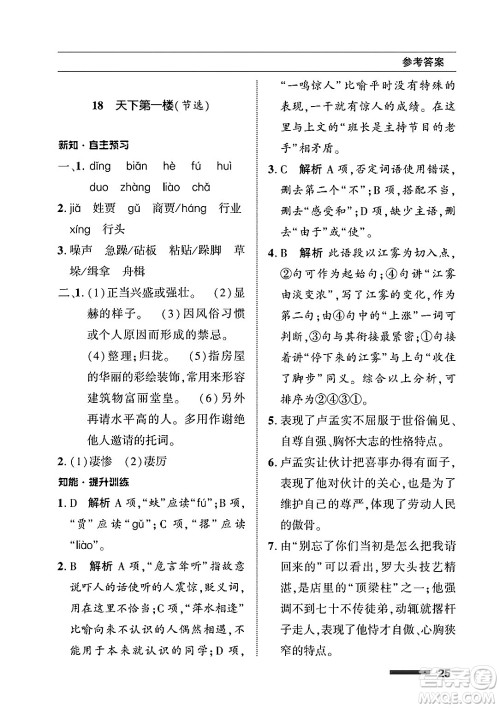 北京师范大学出版社2025年春配套综合练习九年级语文下册通用版答案