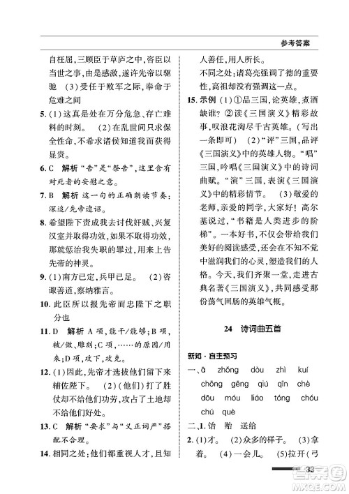北京师范大学出版社2025年春配套综合练习九年级语文下册通用版答案