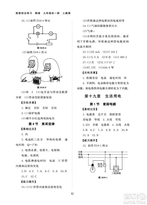北京师范大学出版社2025年春配套综合练习九年级物理下册人教版答案
