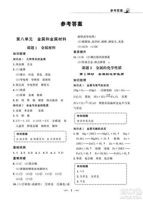 甘肃文化出版社2025年春配套综合练习九年级化学下册人教版答案