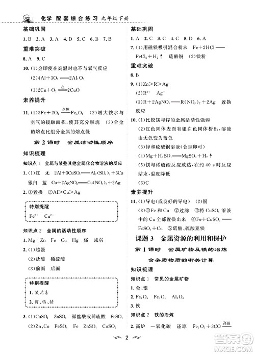 甘肃文化出版社2025年春配套综合练习九年级化学下册人教版答案