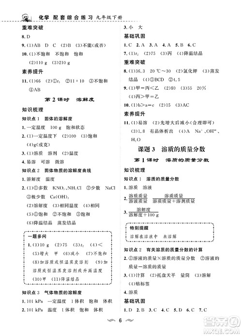 甘肃文化出版社2025年春配套综合练习九年级化学下册人教版答案