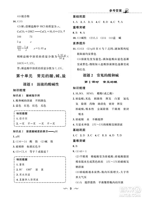 甘肃文化出版社2025年春配套综合练习九年级化学下册人教版答案