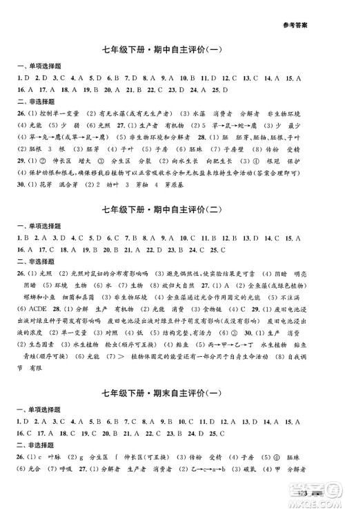 江苏凤凰教育出版社2025年春学习与评价七年级生物下册苏教版答案