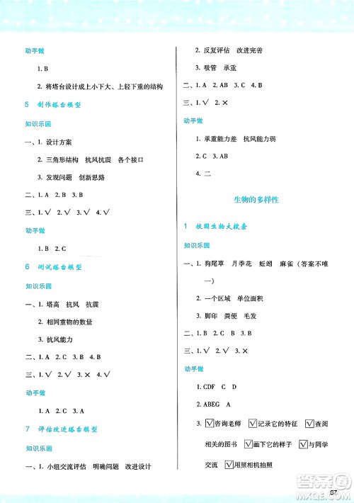 陕西人民教育出版社2025年春学习与评价六年级科学下册教科版答案