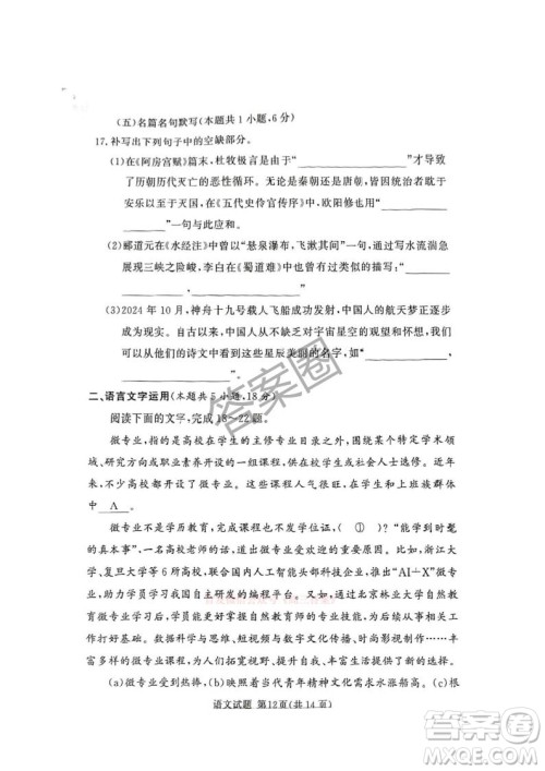 2025湘豫名校联考高三春季学期第三次模拟考试语文答案