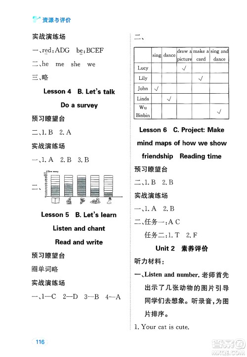 黑龙江教育出版社2025年春资源与评价三年级英语下册人教PEP版黑龙江专版答案