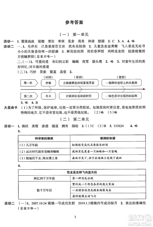 浙江人民出版社2025年春学习与评价四年级语文下册通用版答案