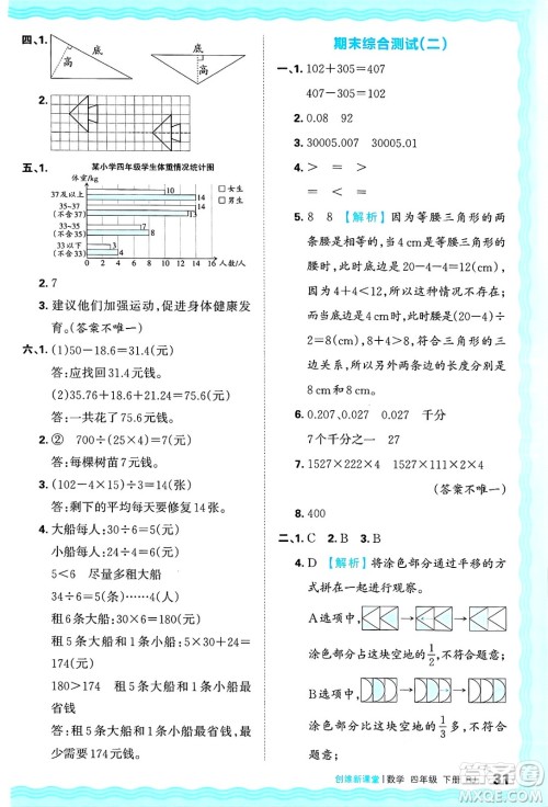 江西人民出版社2025年春王朝霞创维新课堂四年级数学下册人教版答案