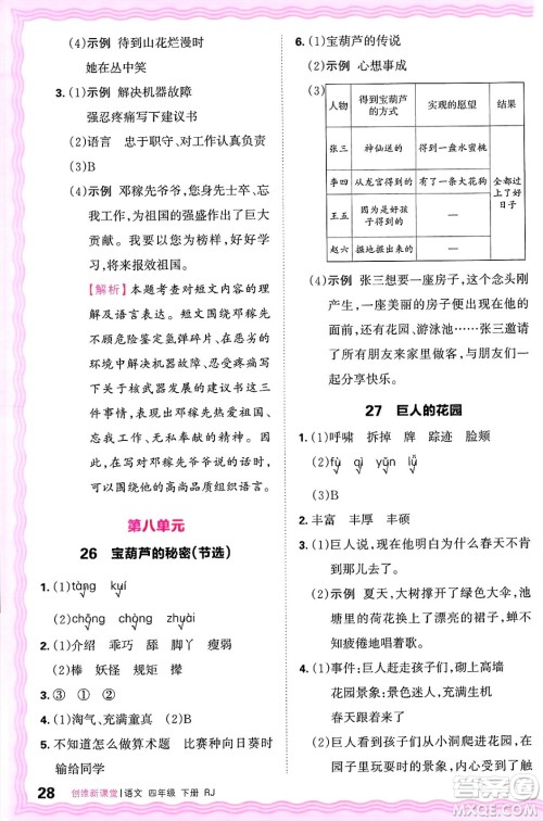 江西人民出版社2025年春王朝霞创维新课堂四年级语文下册人教版答案