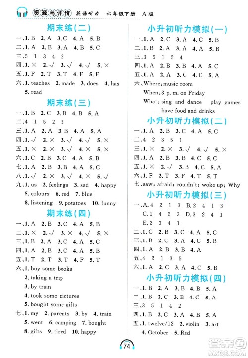 黑龙江教育出版社2025年春资源与评价英语听力六年级英语下册A版黑龙江专版答案