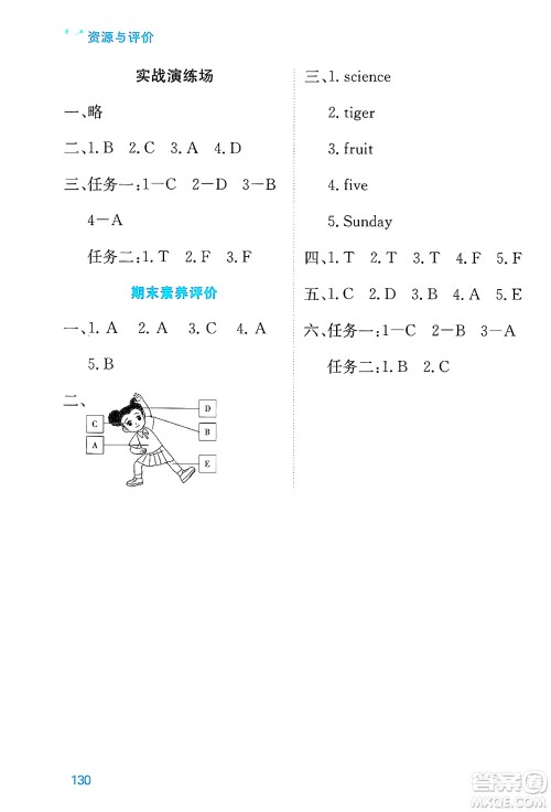 黑龙江教育出版社2025年春资源与评价三年级英语下册外研版B版黑龙江专版答案
