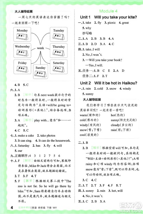 江西人民出版社2025年春王朝霞创维新课堂同步优化训练四年级英语下册外研版答案