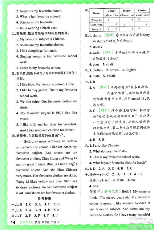 江西人民出版社2025年春王朝霞创维新课堂同步优化训练四年级英语下册冀教版答案