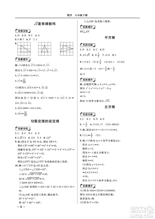 山东人民出版社2025年春初中卷行知天下八年级数学下册青岛版答案