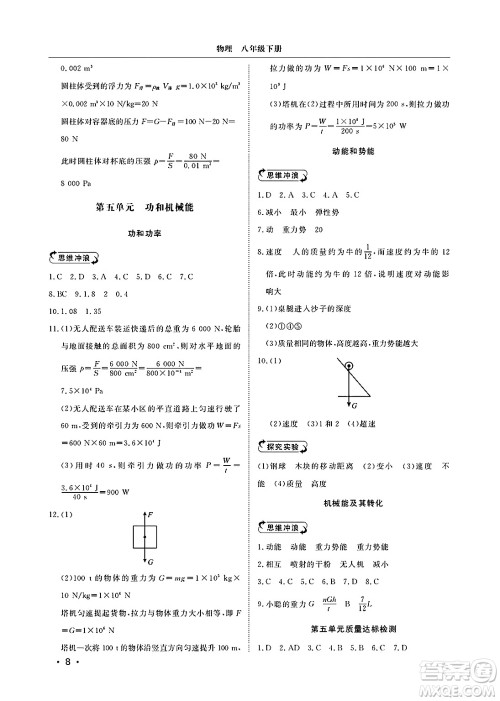 山东人民出版社2025年春初中卷行知天下八年级物理下册人教版答案