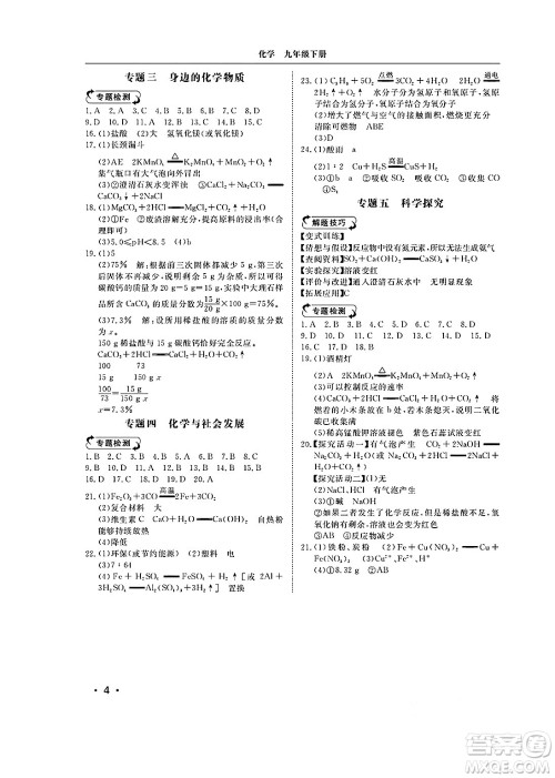 山东人民出版社2025年春初中卷行知天下九年级化学下册人教版答案