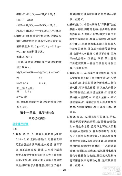 青海人民出版社2025年春新坐标同步练习九年级化学下册人教版青海专版答案
