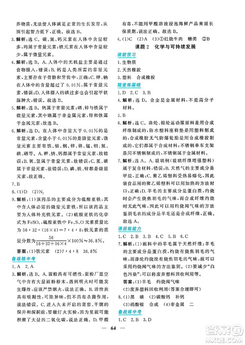 青海人民出版社2025年春新坐标同步练习九年级化学下册人教版青海专版答案