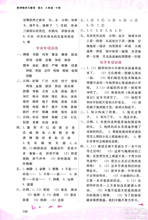 广西师范大学出版社2025年春自主与互动学习新课程学习辅导六年级语文下册通用版答案
