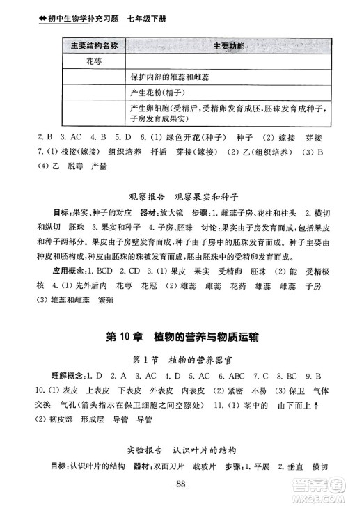 江苏凤凰教育出版社2025年春初中生物学补充习题七年级生物下册苏教版答案