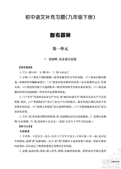 江苏凤凰教育出版社2025年春语文补充习题九年级语文下册通用版答案