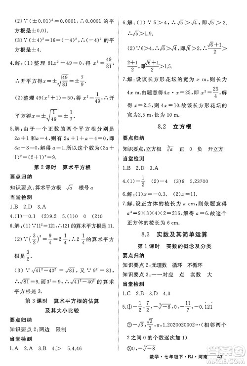 延边大学出版社2025年春优翼学练优七年级数学下册人教版河南专版答案