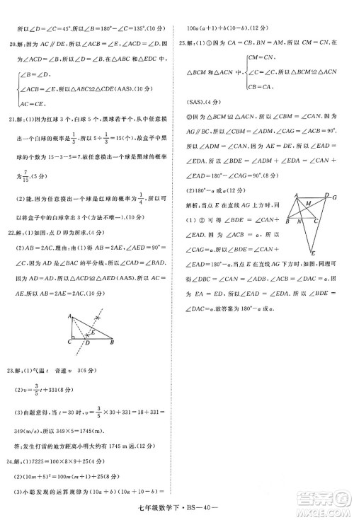 延边大学出版社2025年春优翼学练优七年级数学下册北师大版答案