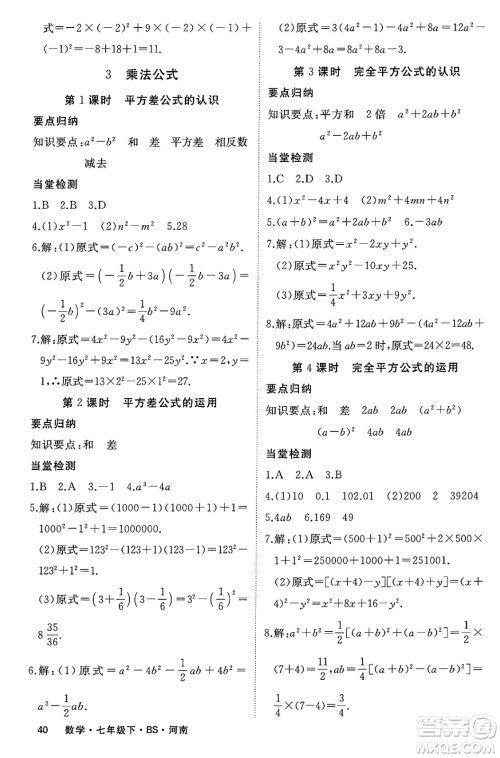 延边大学出版社2025年春优翼学练优七年级数学下册北师大版河南专版答案