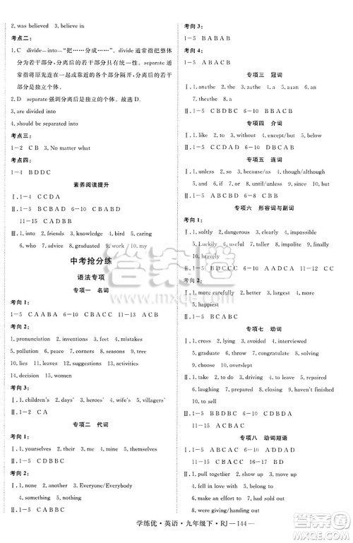 延边大学出版社2025年春优翼学练优九年级英语下册人教版答案