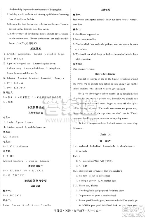 延边大学出版社2025年春优翼学练优九年级英语下册人教版答案