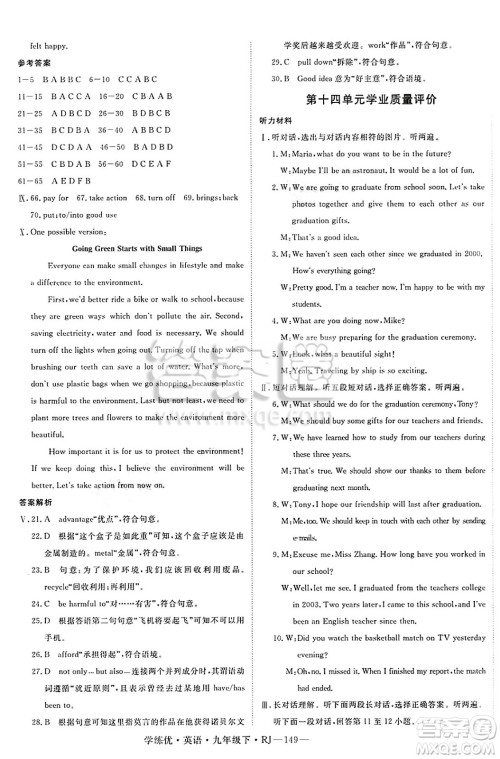 延边大学出版社2025年春优翼学练优九年级英语下册人教版答案