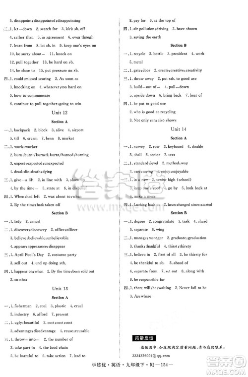 延边大学出版社2025年春优翼学练优九年级英语下册人教版答案